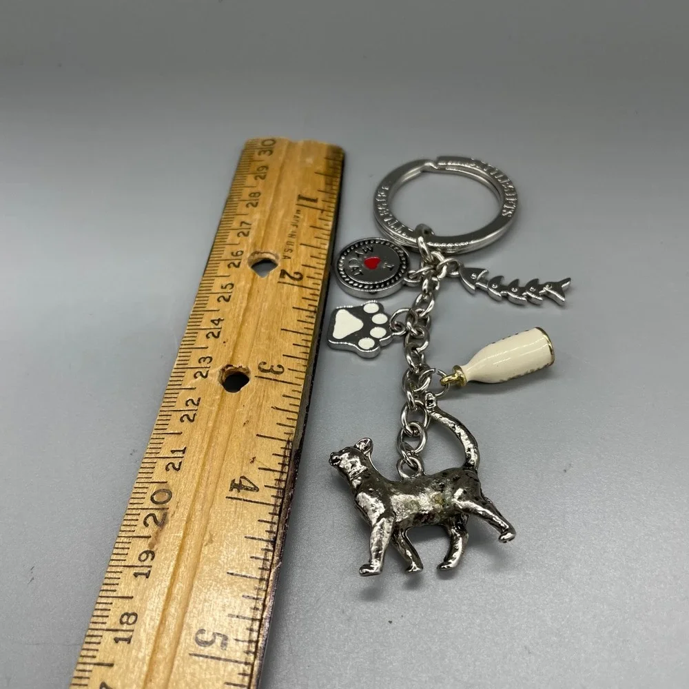Little Gifts I Love My Cat Charm Keychain Silver Tone Fish Paw Milk Bottle Bag